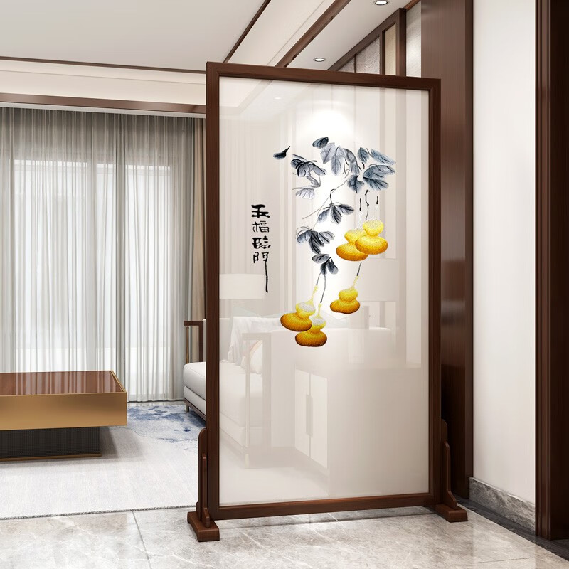 聚沁源实木屏风隔断移动新中式玄关入户门入门正对办公室双面刺绣平风