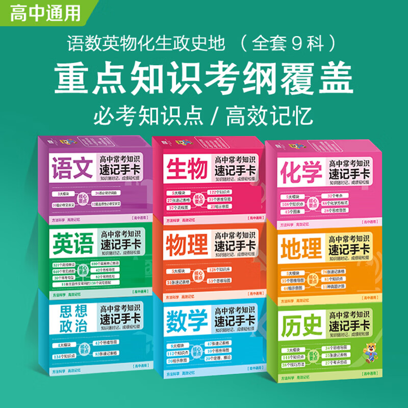 高中常考知识速记数理化考点及公式知识速记手卡 语文数学英语物理化学生物政治历史地理卡片大全 高一二三定律突破口袋书知识手册高考 语文