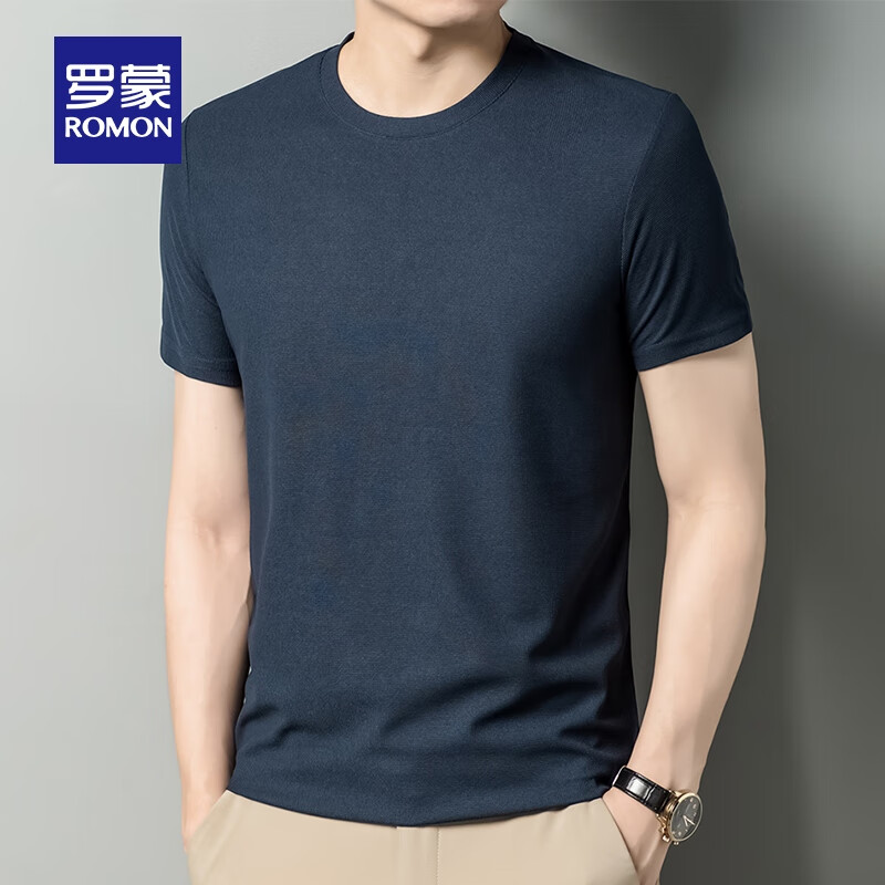 罗蒙(ROMON)华夫格凉感圆领短袖t恤衫男士夏季款中青年休闲冰丝半袖透气上衣 夜兰 XL 175 (适合120-140斤)