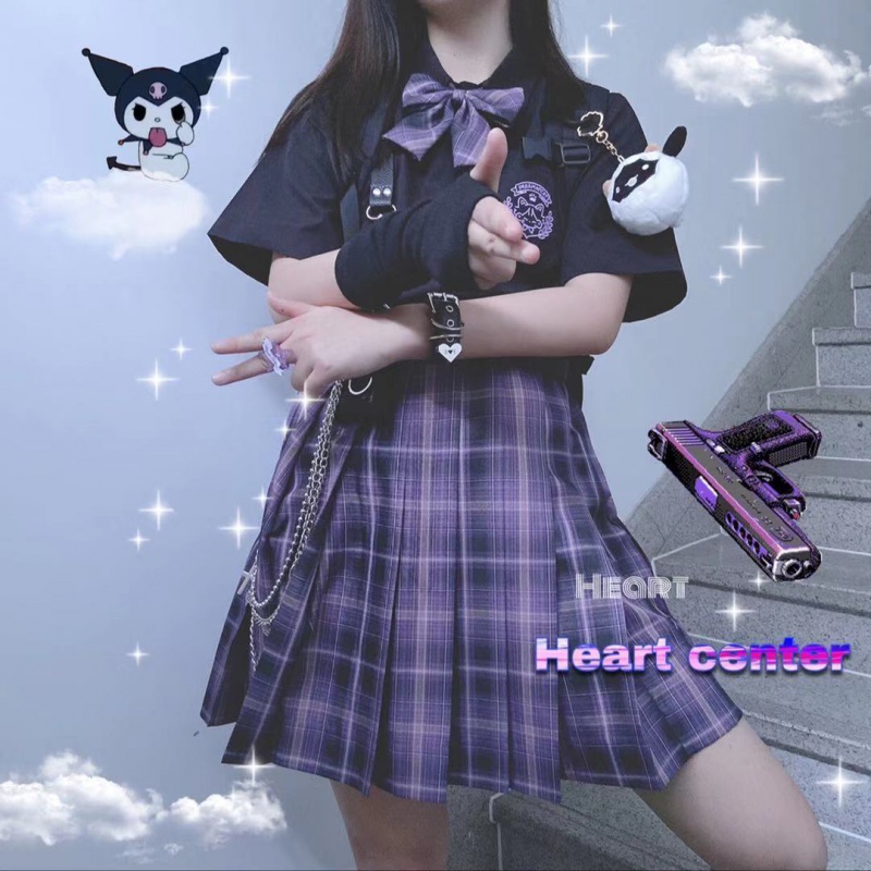 瑟空（SEKONG）2023夏新款日系jk制服格裙飞天猪刺绣套装少女感两件套YMM 糖果猫黑色衬衫+百褶裙+领结 2XL属于什么档次？