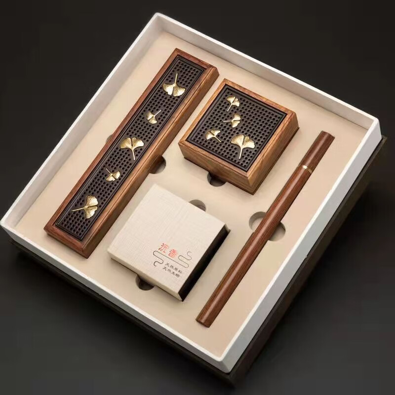 小匠工香炉檀木线香盒盘香盒卧香盒香桶沉香炉室内木制檀香炉香薰炉 银杏叶香盒四件套