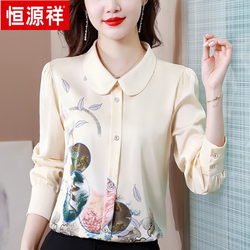 恒源祥丝绸真丝衬衫女春秋妈m遮肚子小衫时尚娃娃领桑蚕丝长袖上衣