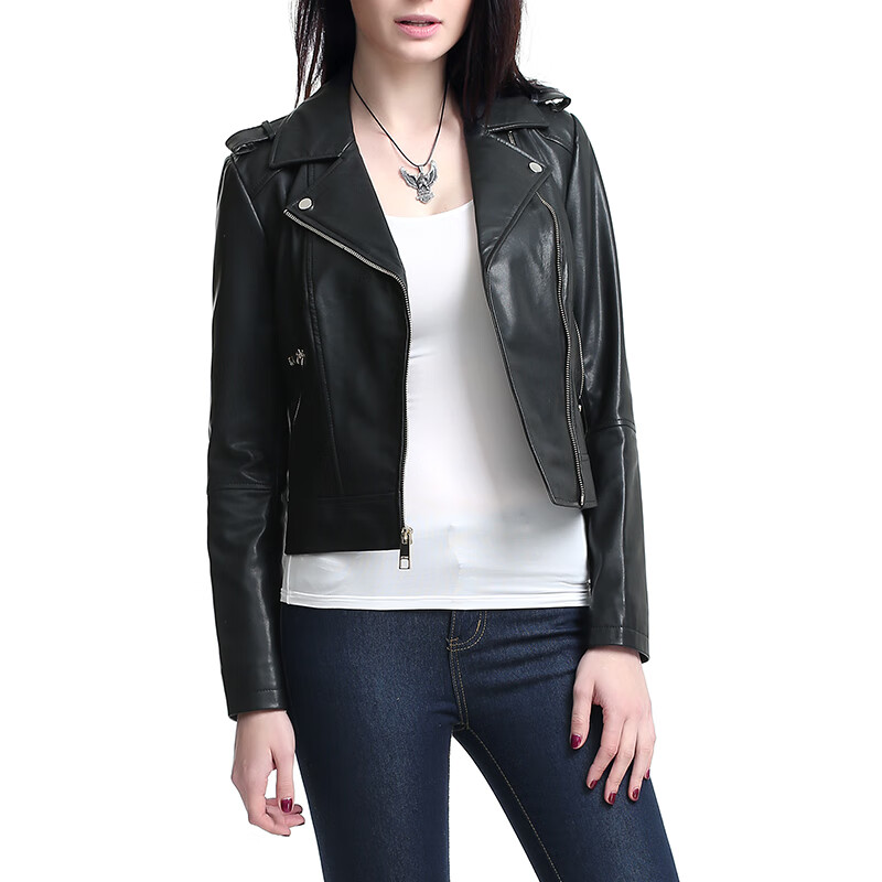 bgsd真皮皮衣女士秋冬绵羊皮经典摩托夹克皮衣 黑色 xs