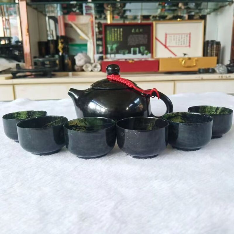 酒泉夜光杯嘉峪关敦煌特产墨玉原石茶具祁连墨玉红酒杯套装白酒杯 一