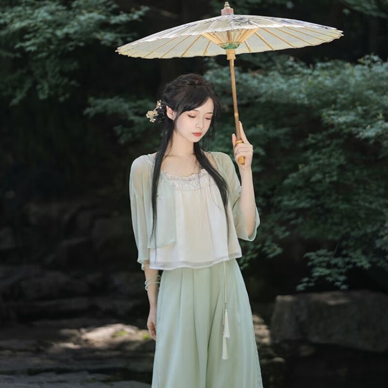 顾夕岑国风改良汉服汉元素套装女早秋新款刺绣小衫吊带仙气阔腿裤三