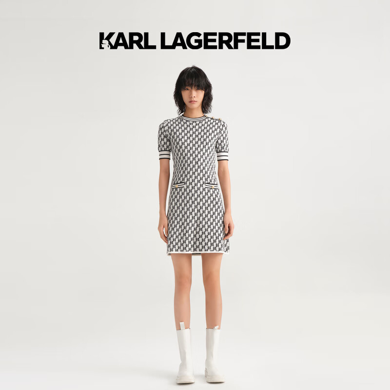 Karl Lagerfeld卡尔拉格斐轻奢老佛爷女装23春夏连衣裙小香风收口袖针织衫 黑白色 M