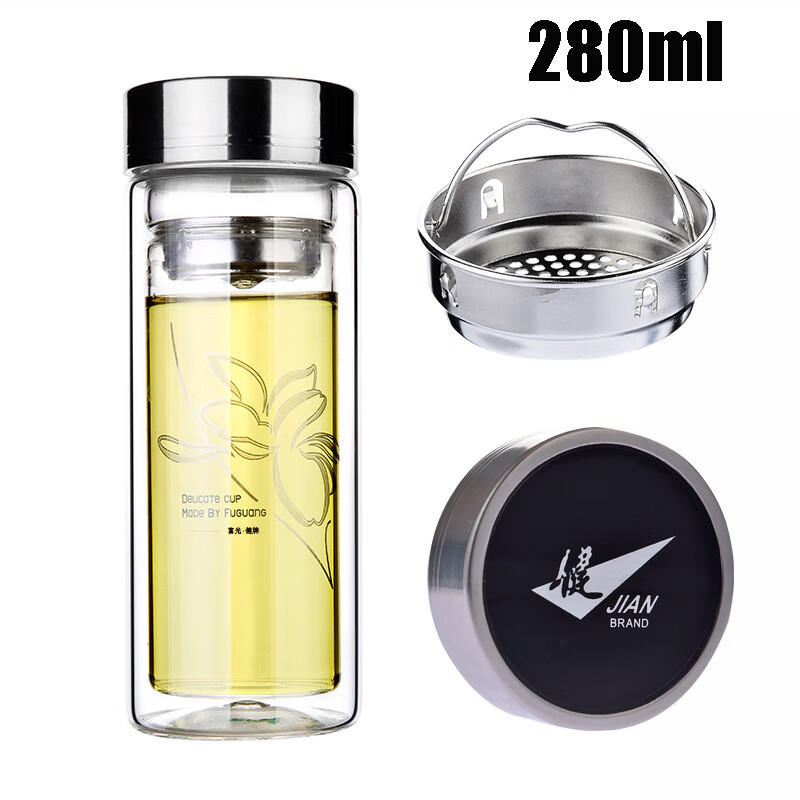 富光玻璃杯便携家用水杯大容量带盖带滤网健牌双层透明杯703-280 透明