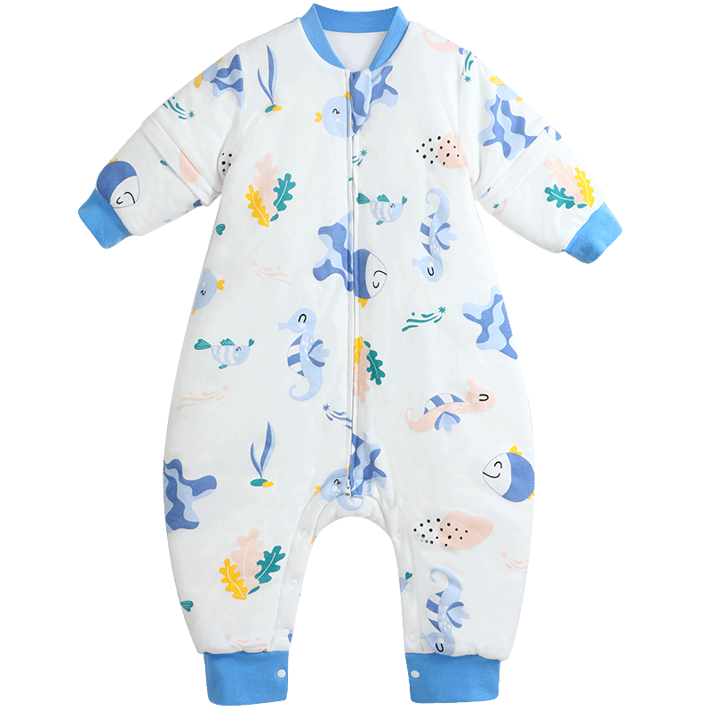 七彩博士婴儿分腿睡袋秋冬季纯棉儿童防踢被子厚款可拆袖长袖宝宝防着凉 彩鱼蓝-160G秋冬中厚款 L码