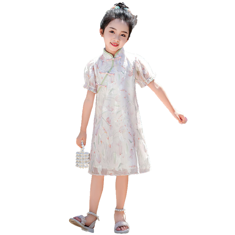 羅蒙兒童旗袍漢服女童國(guó)風(fēng)古裝新中式女大童裙子演出服 桃溪 140