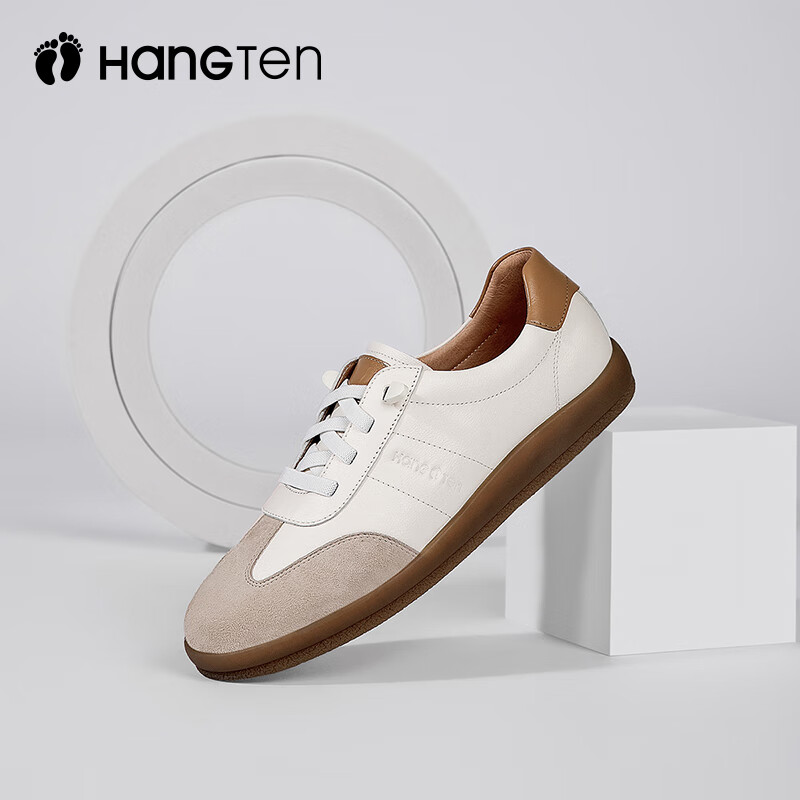 欢腾(HANG TEN)休闲运动鞋女复古潮流时尚百搭板鞋女防滑耐磨平底德训女鞋 米白棕(皮鞋码) 39