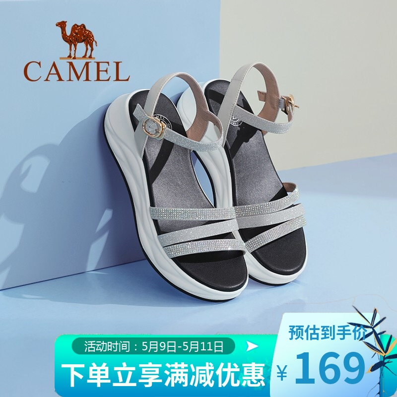 骆驼(CAMEL)女鞋 时尚闪耀烫钻羊皮细带一字搭扣厚底凉鞋 A120076320 米白 36