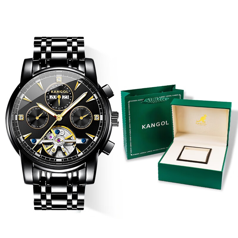 kangol男士手表全自动机械双日历日月星辰镂空陀飞轮三眼六针k166
