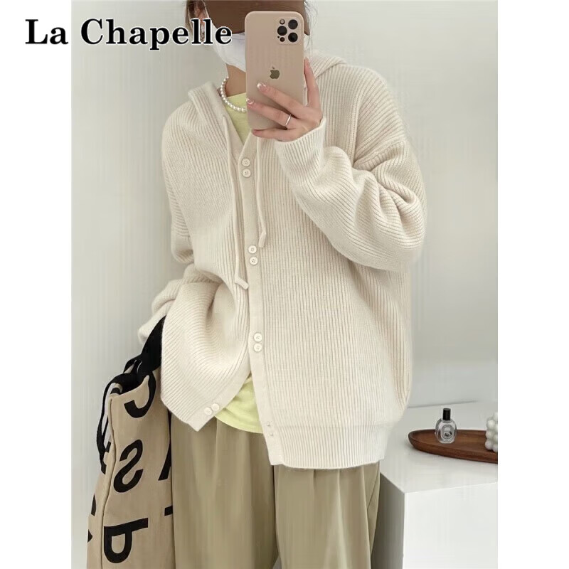 La Chapelle 连帽针织衫女2022年冬季新款柔糯质感单排扣长袖女韩版宽松慵懒风 米白色 均码