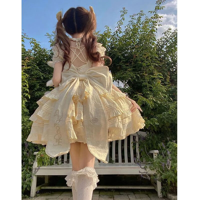 nzglr韩版奶系甜美女生少女感蓬蓬公主裙可爱奶黄色后背大蝴蝶结ita花