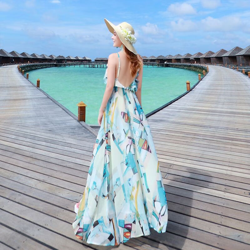 象裁沙滩裙女海边度假长裙泰国巴厘岛波西米亚雪纺v领吊带裙连衣裙夏