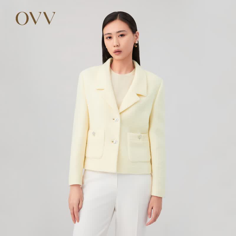 OVV秋冬热卖女装针织圈圈羊毛贴袋设计单件西服外套 米黄（净色）A4 S