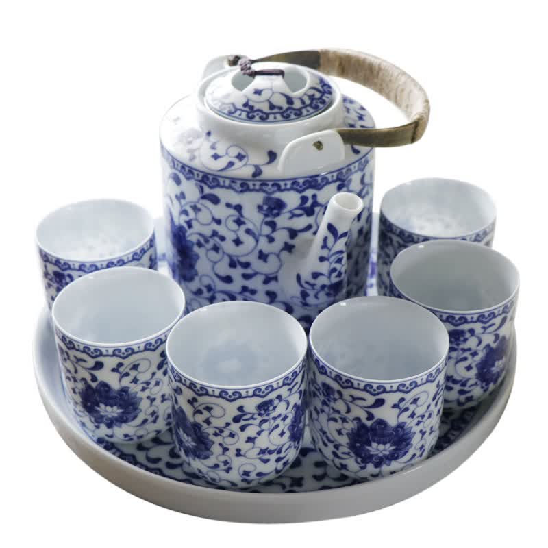 瓷茶具套装家用整套中式泡茶壶茶杯大号 【青花缠枝莲】一壶六杯一