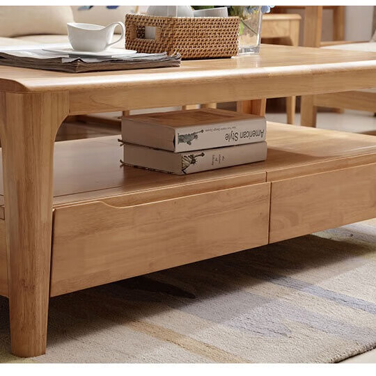 木尔雅全实木茶几电视柜客厅现代简约家用原木茶几带抽屉长方形小户型 全实木加厚100*50*45CM【四抽】胡桃色 【送货上门】自行安装