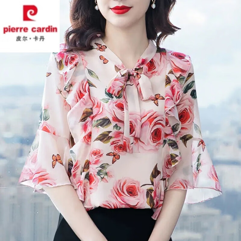 衬衫女套头t·恤短袖妈m妈装雪纺衫气质喇叭袖仿真丝上衣 063玫瑰粉 s