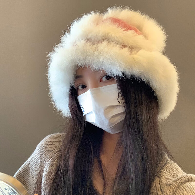 卡悠萊獺兔毛帽子女可愛兔毛漁夫帽女秋冬2024新款保暖毛線帽純手工醒獅 白色毛毛 M(5658cm)