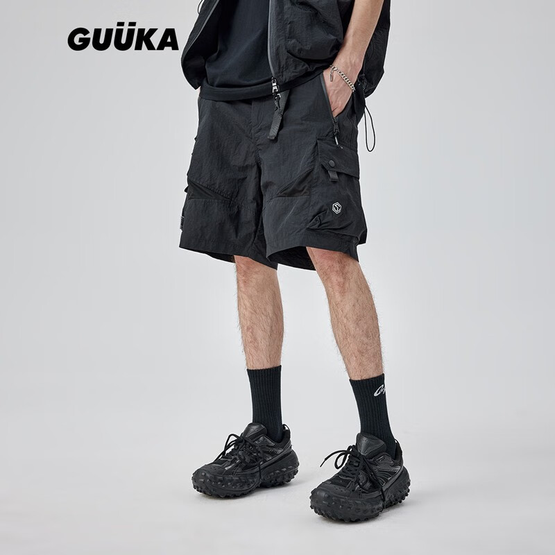古由卡（GUUKA）TECH潮牌机能风短裤男2023春季新款嘻哈反光印花网布拼接运动宽松 黑色 S
