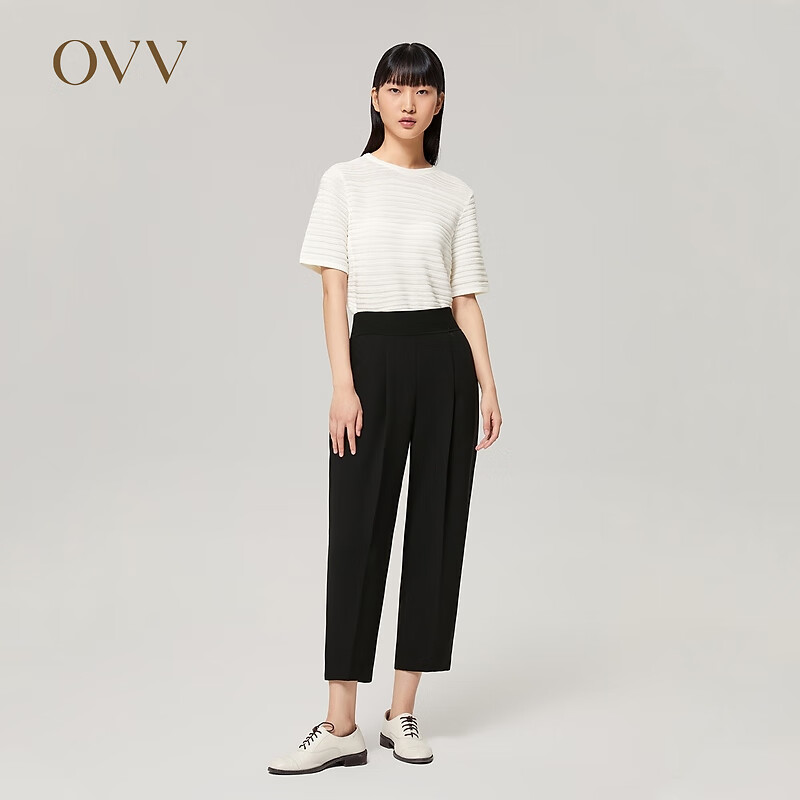 OVV2022秋冬新款针织罗纹松紧黑色腰锥形休闲裤 黑色A6 L
