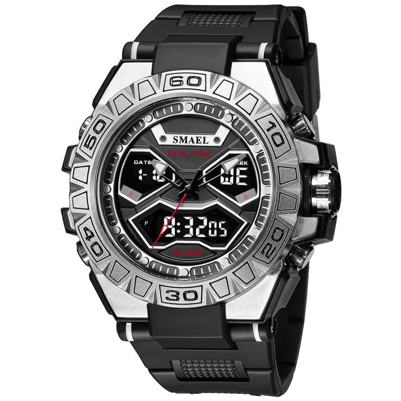 smael斯麦尔多功能合金手表男士双显防水夜光户外运动电子手表 银色
