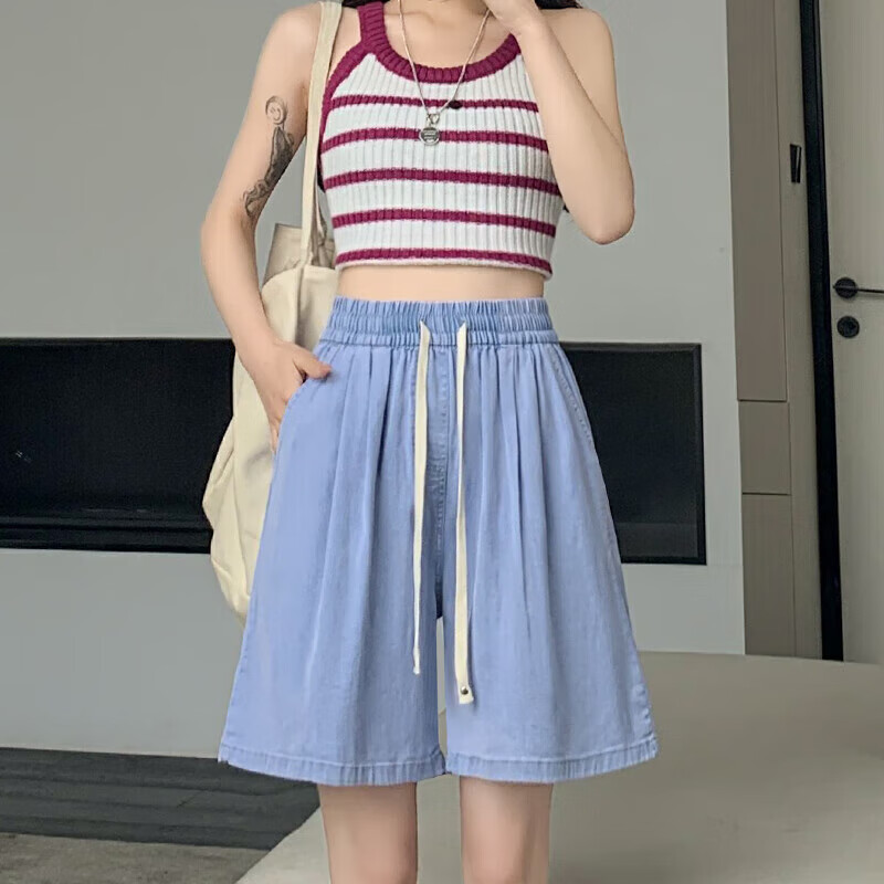 天丝牛仔短裤女夏薄款新款高腰阔腿休闲显瘦中裤小个子五分裤 浅蓝色