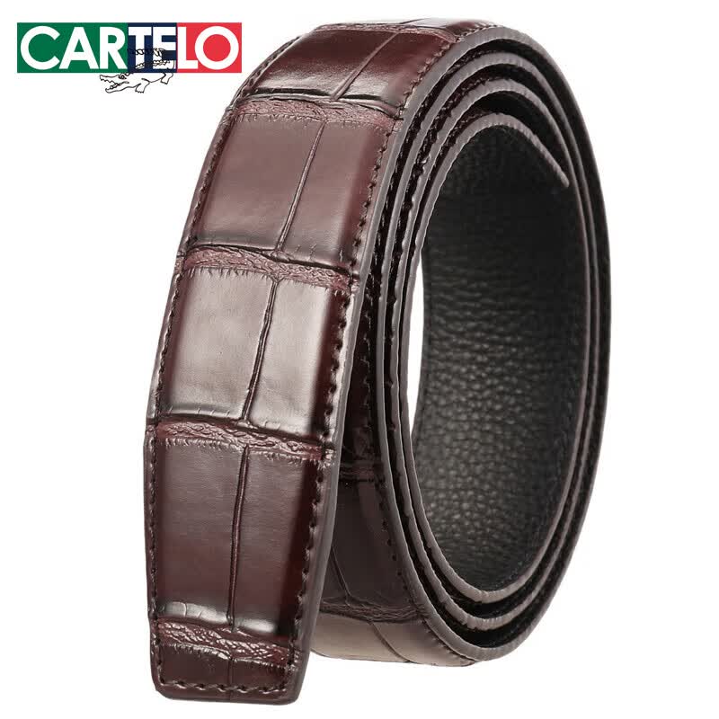 卡帝乐鳄鱼（CARTELO）皮带条无扣头男士鳄鱼纹头层牛皮自动扣带身3.5CM真皮不带头腰带 鳄鱼肚纹棕色 适配3.5-3.8扣头