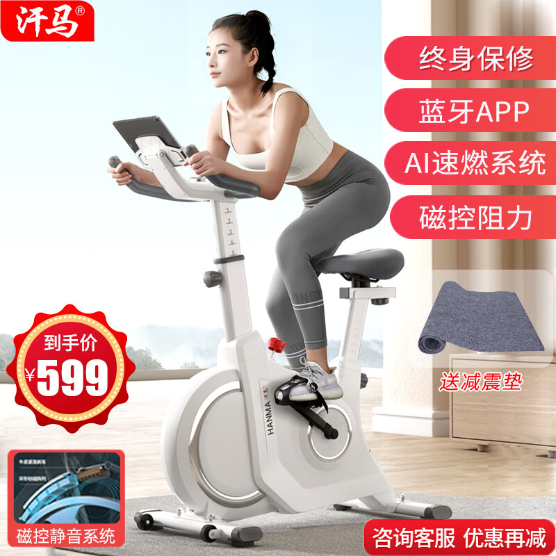汗马动感单车家用静音磁控蓝牙APP室内健身车减肥器材运动自行车男女 手动磁阻-白