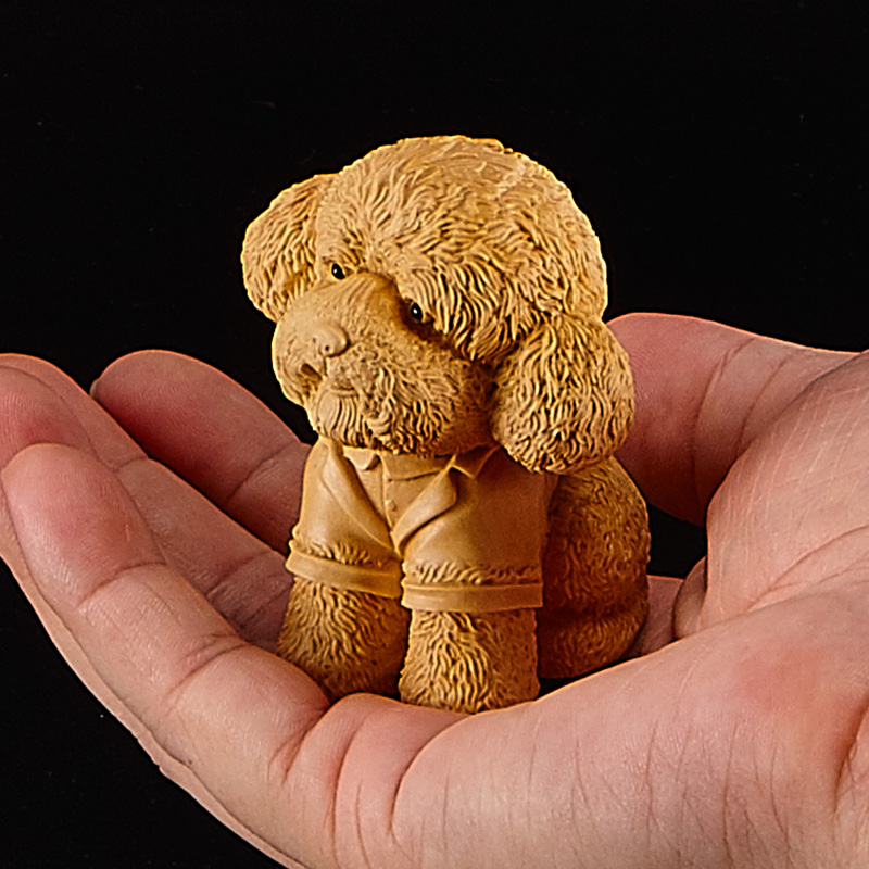 黄杨木创意动物手把件实木可爱狗雕刻工艺品生肖木雕摆件小件泰迪sn