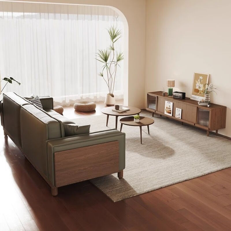 全友家私美式真皮沙发复古风北欧风轻奢胡桃木新中式直排沙发双人沙发简约 【尊享加厚真皮】2.4大三人位 加厚亮面油蜡真皮