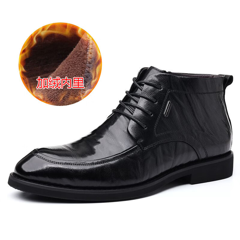 凯逸弗（kainifu）头层皮冬季新款真皮正装商务皮鞋男休闲高帮加绒保暖棉鞋德比鞋 黑色加绒款 37