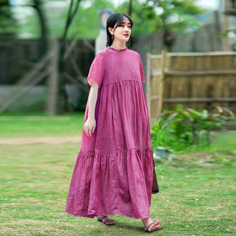 知筆墨新品夏款梅子粉色轻盈苎麻文艺飘逸圆领短袖宽松仙气连衣裙