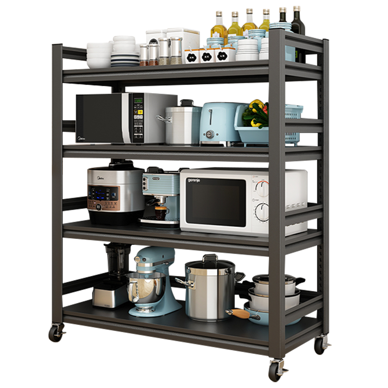 【预售】水天一方 厨房置物架落地多层货架微波炉烤箱收纳架可移动家居厨具不锈碳钢锅架储物架 【3层升级护栏】长50宽30高80