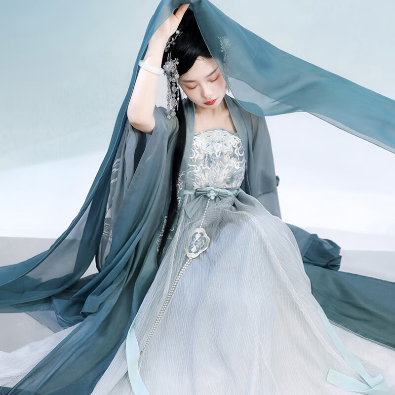 只此青绿原创唐制汉服女裙春秋古风仙气中国风古装柯子裙全套 渐变大