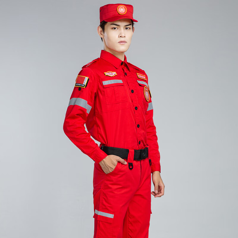 妙歌春秋应急救援工作服男装作训服防静电紧急搜救道路抢险救灾服工装 红色夏长【套装+标+帽子+腰带】 L (170)