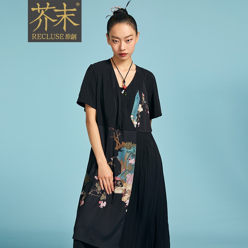 recluse苏幕 汉服交领设计长裙中国风不对称印花设计显瘦连衣裙 黑色