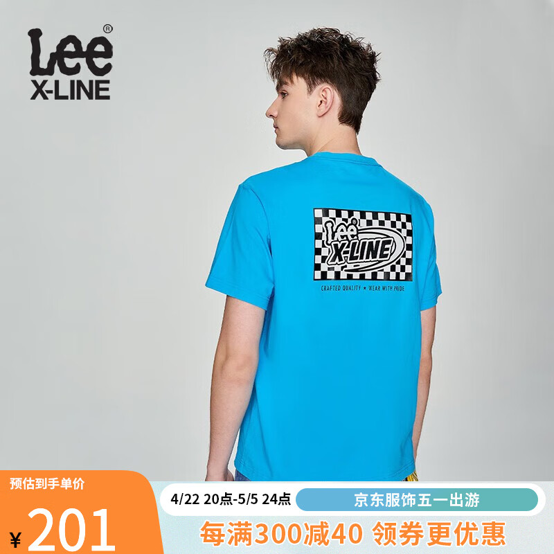 Lee舒适版型logo字母印花设计多色男款圆领短袖T恤休闲潮LMT0054 蓝色 M