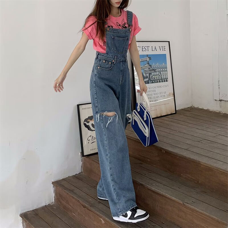 vjze学院背带裤女复古时髦吊带牛仔裤秋季高腰显高显瘦阔腿裤破洞连体