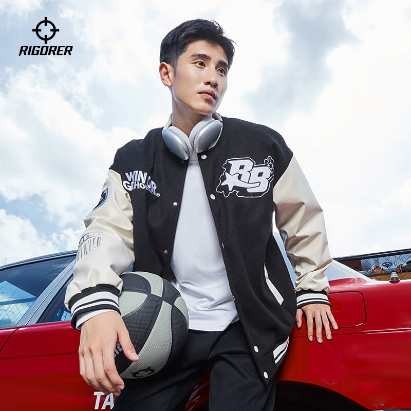 准者棒球服夹克外套男装2025秋冬新款美式复古PU皮袖休闲宽松运动开衫 909纯正黑 L