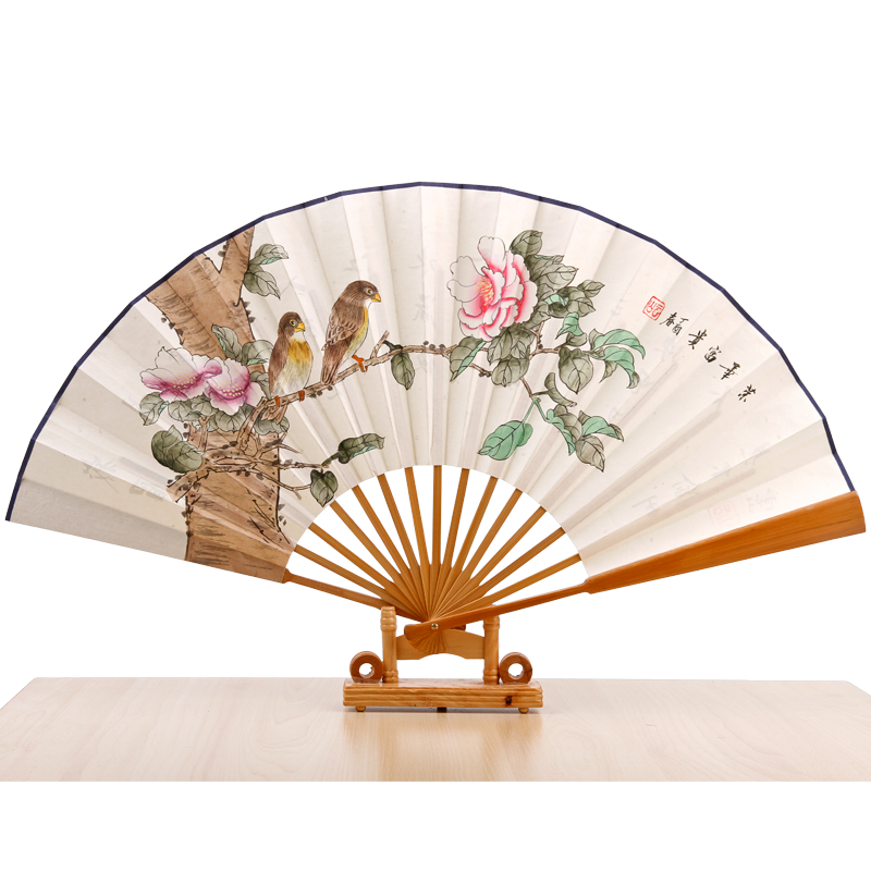 臻臻上品（zhenzhenshangpin）宣紙扇子折扇男中國(guó)風(fēng)禮品中式傳統(tǒng)手繪水墨風(fēng)手工藝品白扇定制 榮華富貴-花鳥(niǎo)