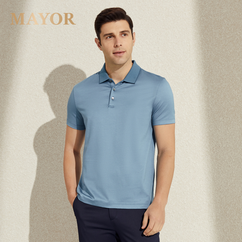 MAYOR男装新款春夏丝棉混纺商务休闲翻领微弹短袖POLO衫 浅蓝 S 165