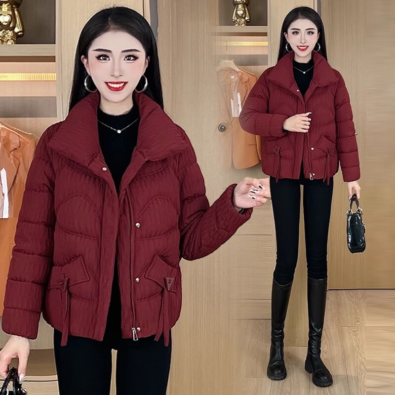 忆灵时尚立领棉服女2025冬季新款洋气修身显瘦加厚保暖棉袄棉衣外套 安哥拉红 L （105-120斤）