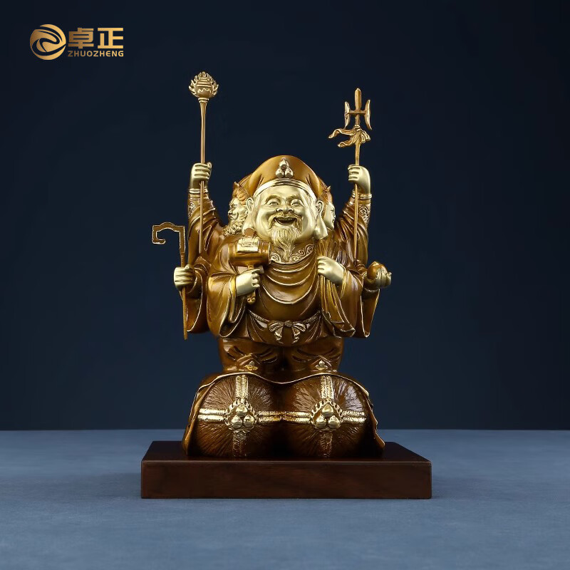 三面大黑天铜像财神像摆设家居财神摆件招手财神铜像摆件 古茶套色