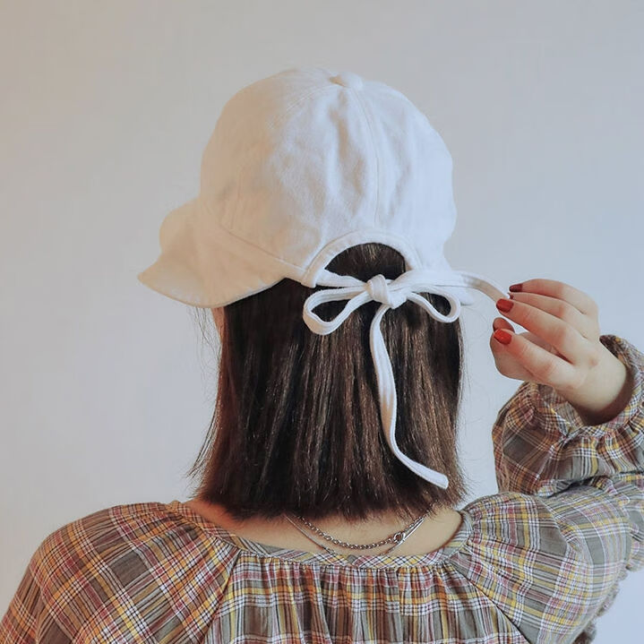 帽夏季韩版学生圆脸色蝴蝶结盆帽百搭大檐防晒遮阳帽 米色-可爱绑带