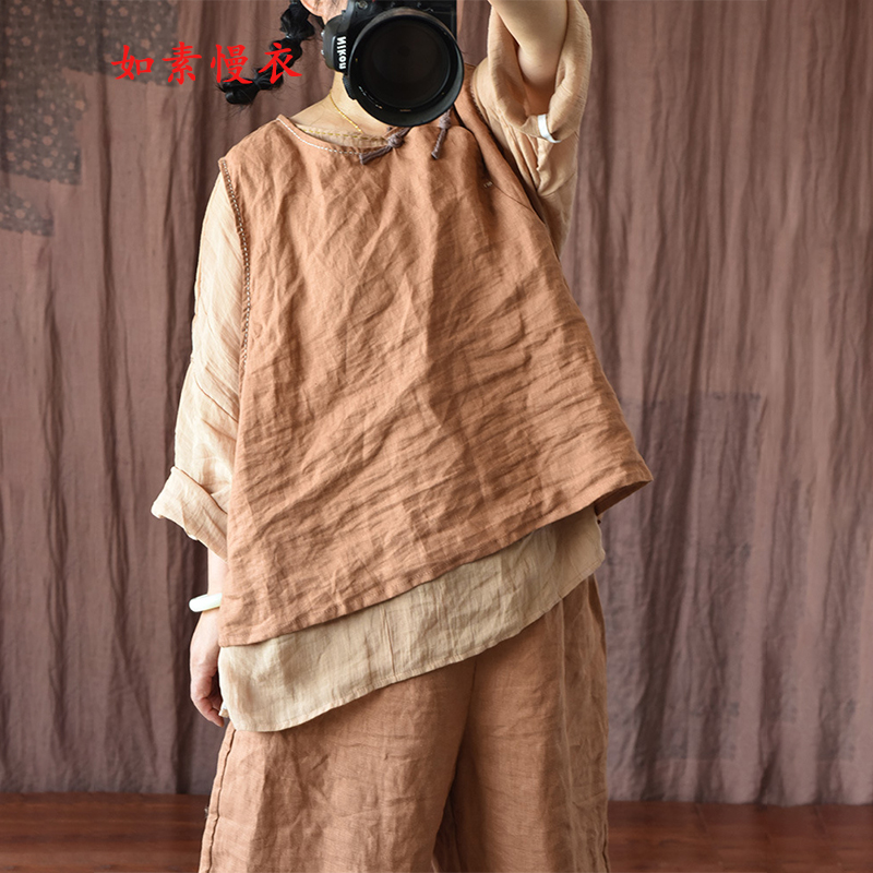 如素慢衣秋季新款民族风文艺宽松手工针迹绣线盘扣马甲女31130 土黄色