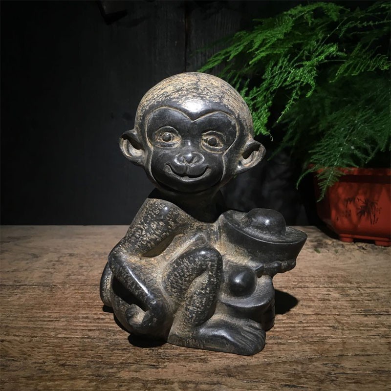 奥琅石苑仿古青石猴摆件雕刻创意家居中式复古石雕摆件猴金猴送宝天然