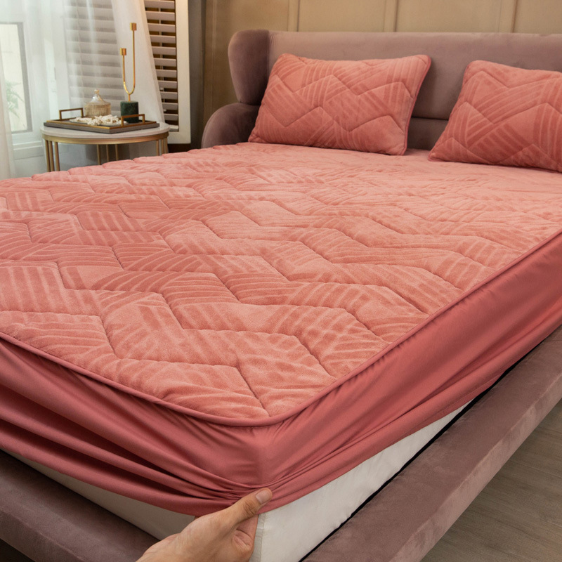 禧愿秋冬牛奶绒剪花 夹棉床笠加绒床罩全包围床垫套一件装 博瑞-粉 90