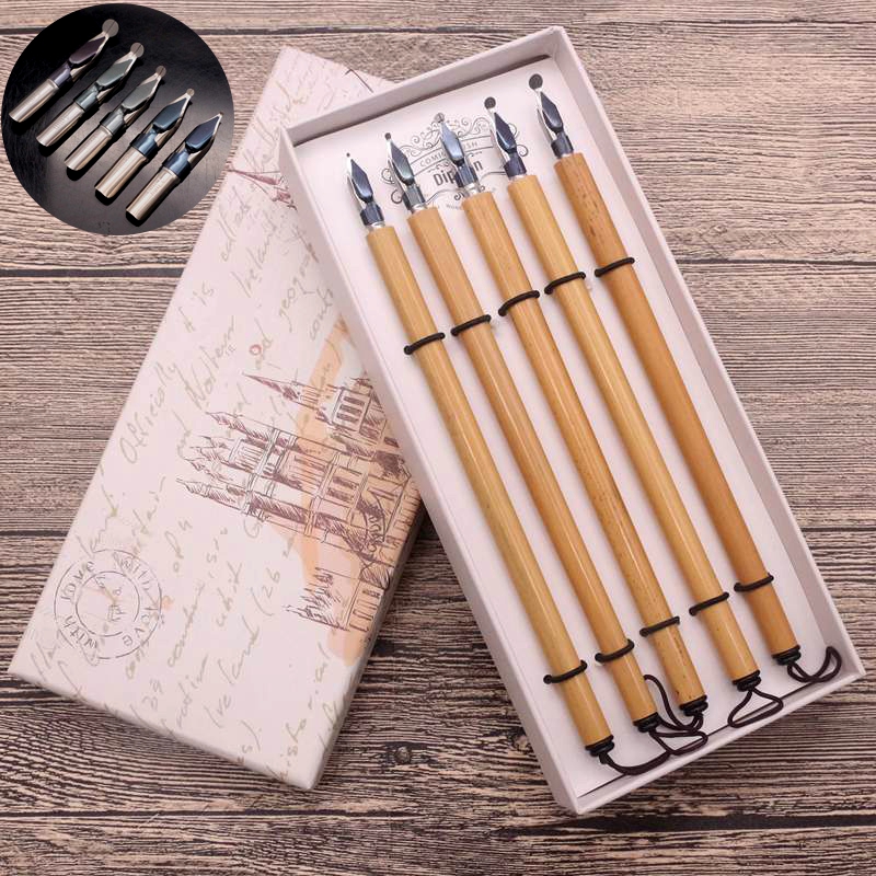 竹木蘸水笔竹制钢笔蘸水笔盒装简约书温妤 圆头笔尖套装 1.